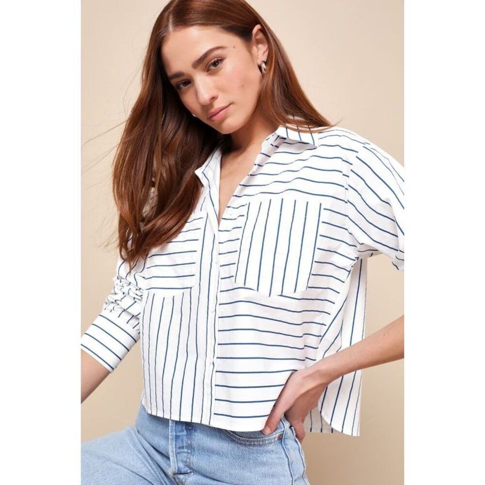 Lulus Officially Cute White And Blue Striped Cropped Button-up Top - Size S